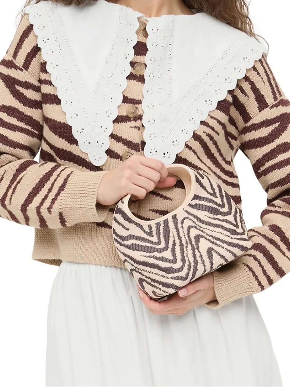 Loeffler Randall  Kenzie mini bucket clutch Woven Zebra-Print Beige and Brown